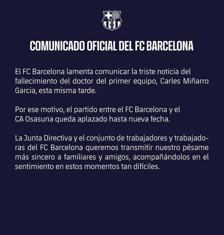 Comunicado del Barcelona anunciando la muerte del doctor Carles Miñarro