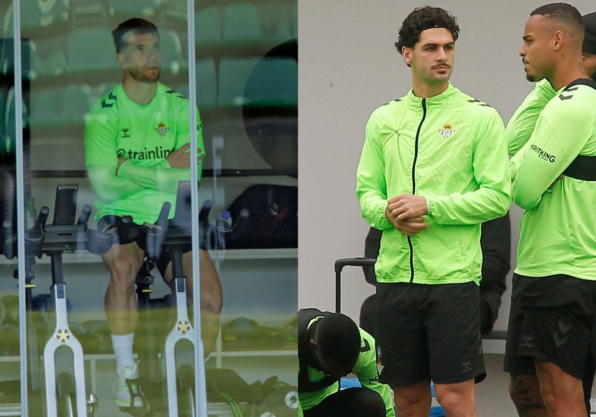 A la izquierda, Lo Celso en el gimnasio de la ciudad deportiva Luis del Sol; a la derecha, Johnny Cardoso charla con Natan en un entrenamiento