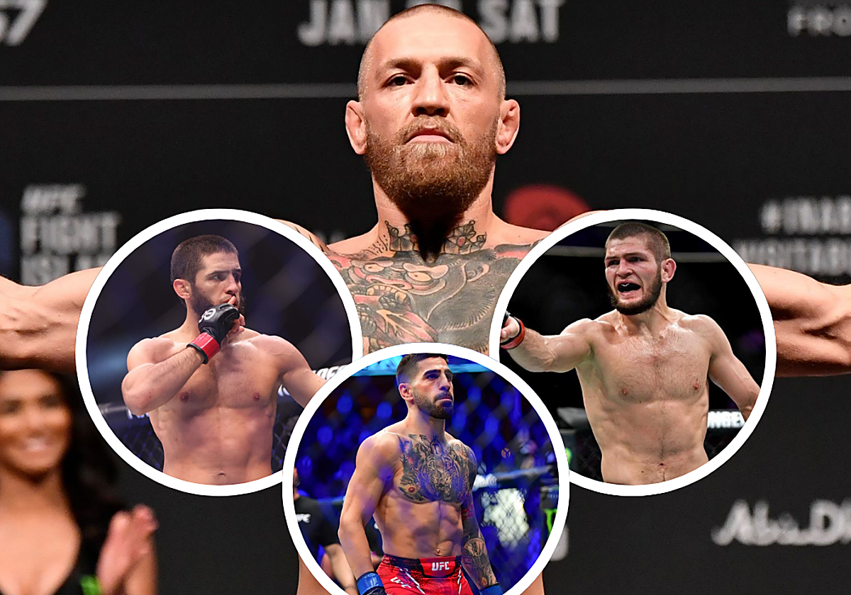 Conor McGregor en uno de sus pesajes. En los círculos, Makhachev, Topuria y Khabib de izquierda a derecha