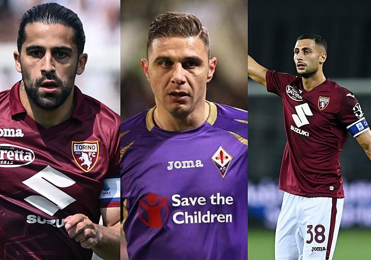 A los lados, Ricardo Rodríguez y Mandragora, cuando fueron jugadores del Torino; en el centro, Joaquín como jugador de la Fiorentina