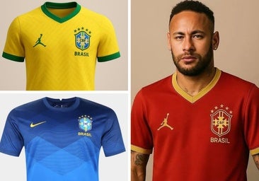Camisetas tradicionales de Brasil (izda.) y fotomontaje con Neymar de la nueva equipación roja