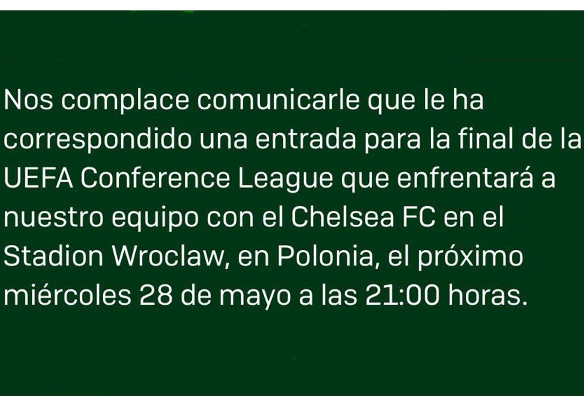 El mensaje que recibieron los socios béticos que optaron a entrada y la consiguieron a través del club