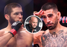 Islam Makhachev, a la izquierda, e Ilia Topuria, a la derecha. En el círculo, Dana White