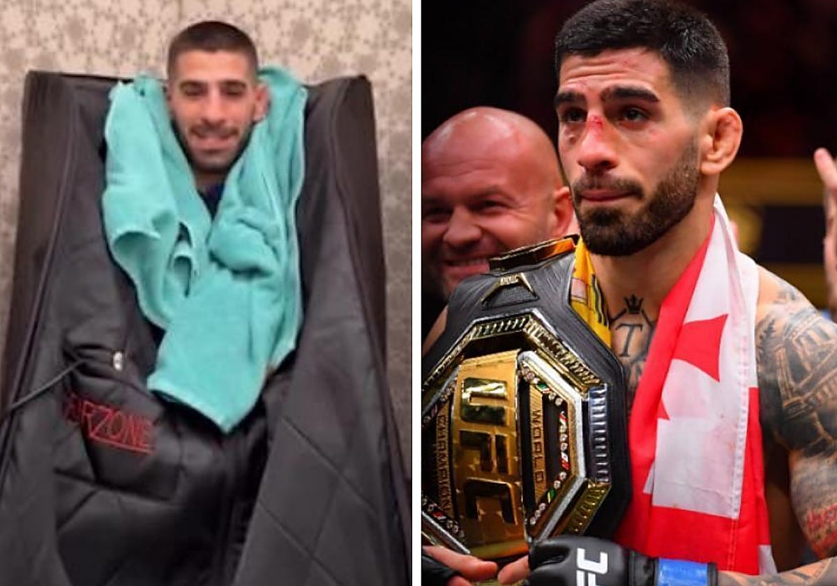 Ilia Topuria, en una sauna portátil (izquierda)