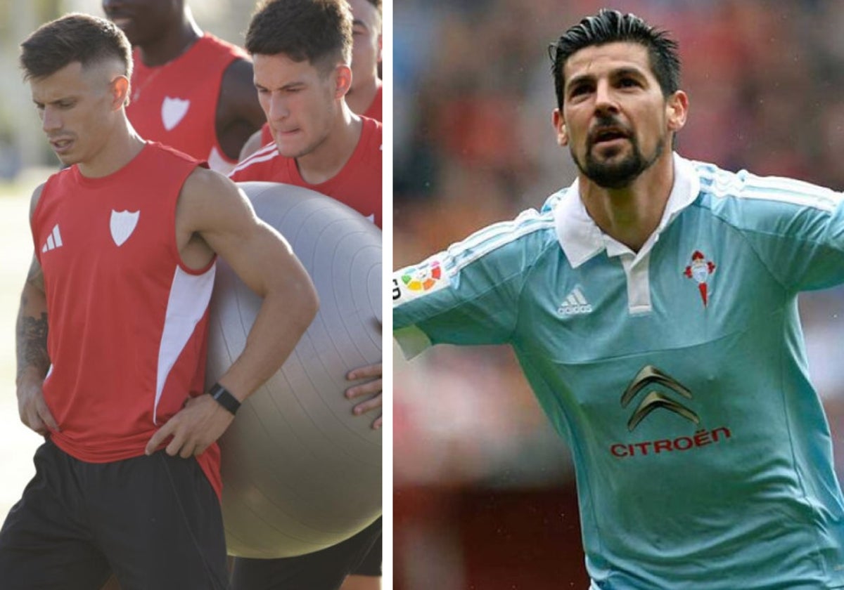 A la izquierda, Alfon durante el entrenamiento de este viernes. A la derecha, Nolito en su etapa como futbolista del Celta