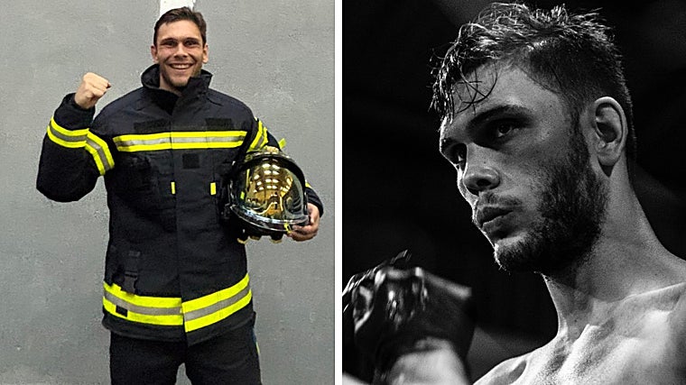 Alberto Lopesino, con su indumentaria de bombero y antes de subirse a la jaula para competir