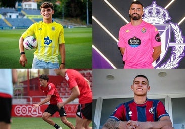 Ariba a la izquierda, Mateo, con el Arouca; a la derecha, Guilherme con el Valladolid; abajo a la izquierda Barea se entrena con el Mirandés; a la derecha, Arribas presentado por el Huesca