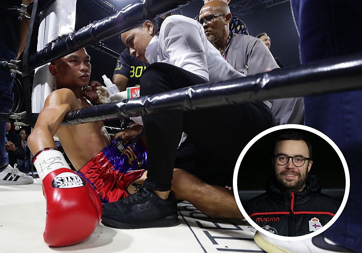 Un púgil atendido en la lona. Abajo, el doctor Mejuto