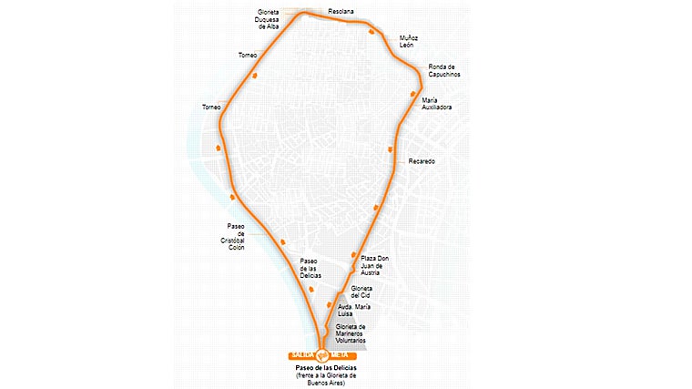 Mapa con el recorrido dela Carrera Nocturna de Sevilla 2025