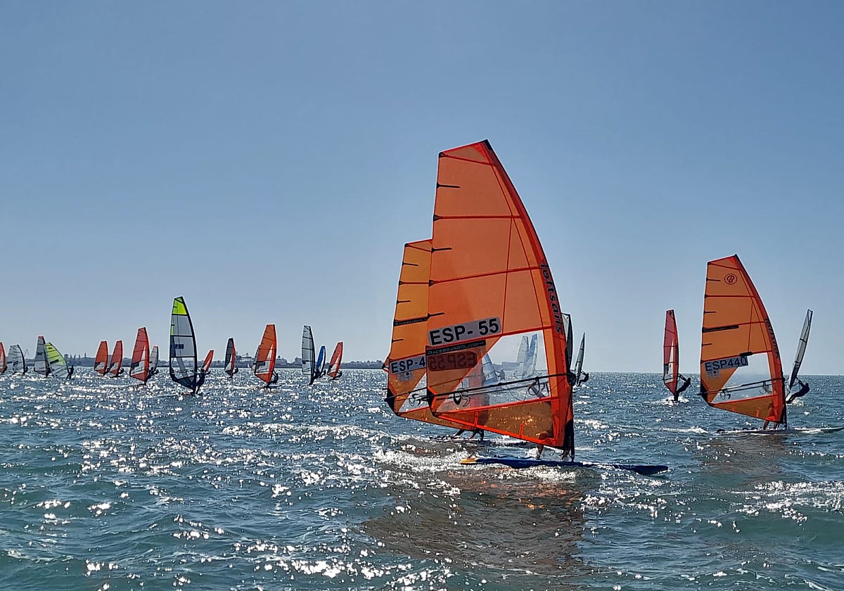 La numerosa flota de Raceboard en la bahía de Cádiz