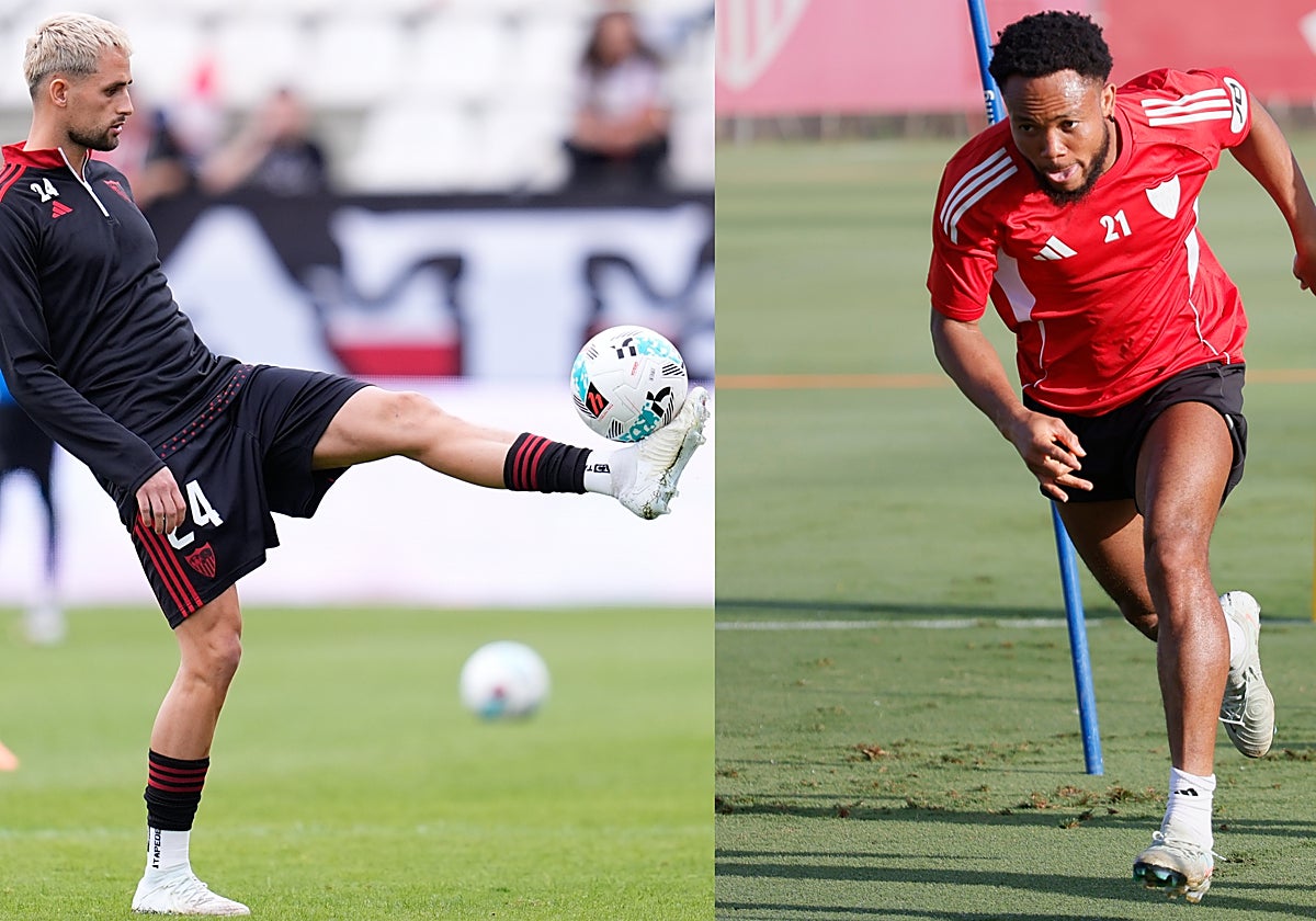 Adnan Januzaj y Chidera Ejuke, en un calentamiento y entrenamiento del Sevilla, respectivamente