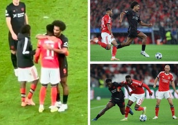 Lukebakio y Badé, durante el Benfica - Bayer Leverkusen