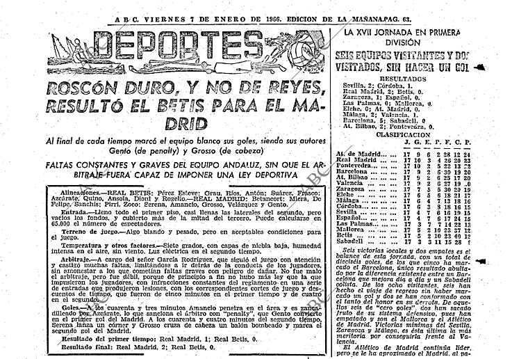 Arquivo do jornal ABC de Madrid com a narração do jogo Real Madrid-Betis disputado no Dia de Reis, no Estádio Santiago Bernabéu, em janeiro de 1966.