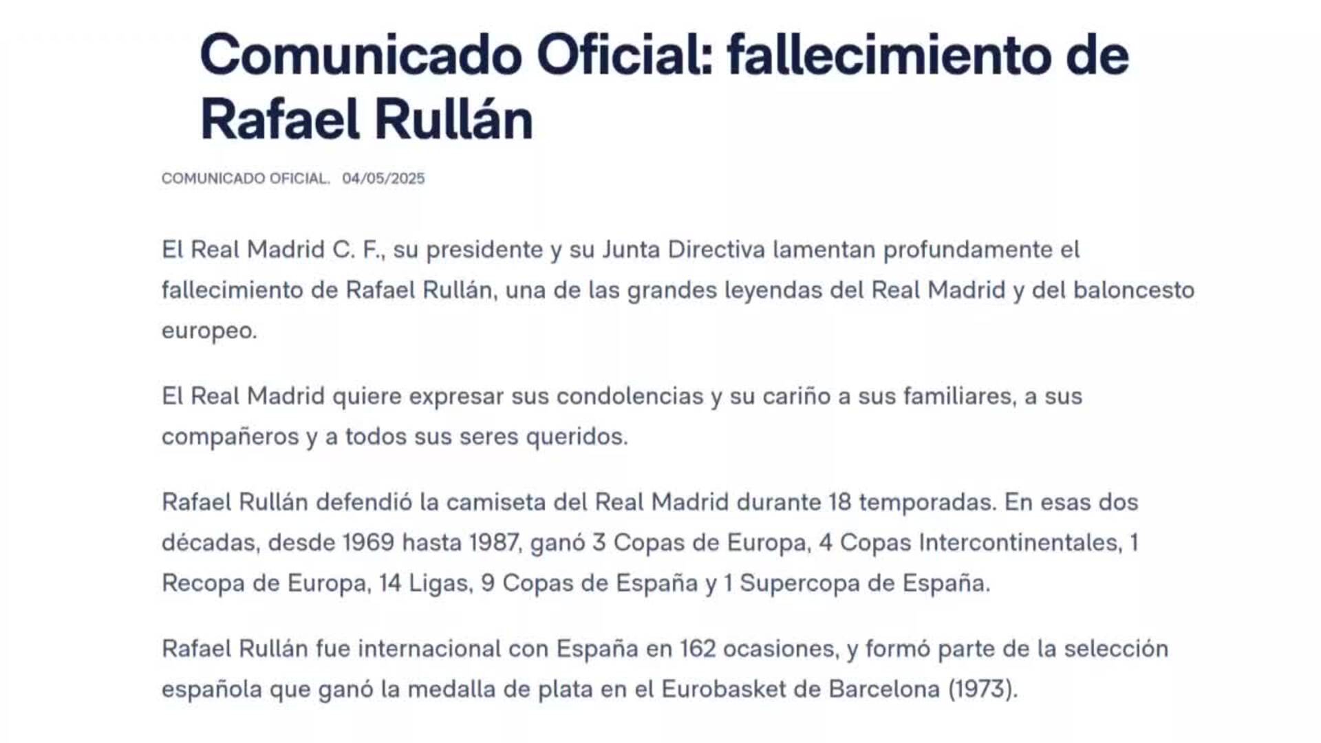 Fallece Rafael Rullán, leyenda del baloncesto español