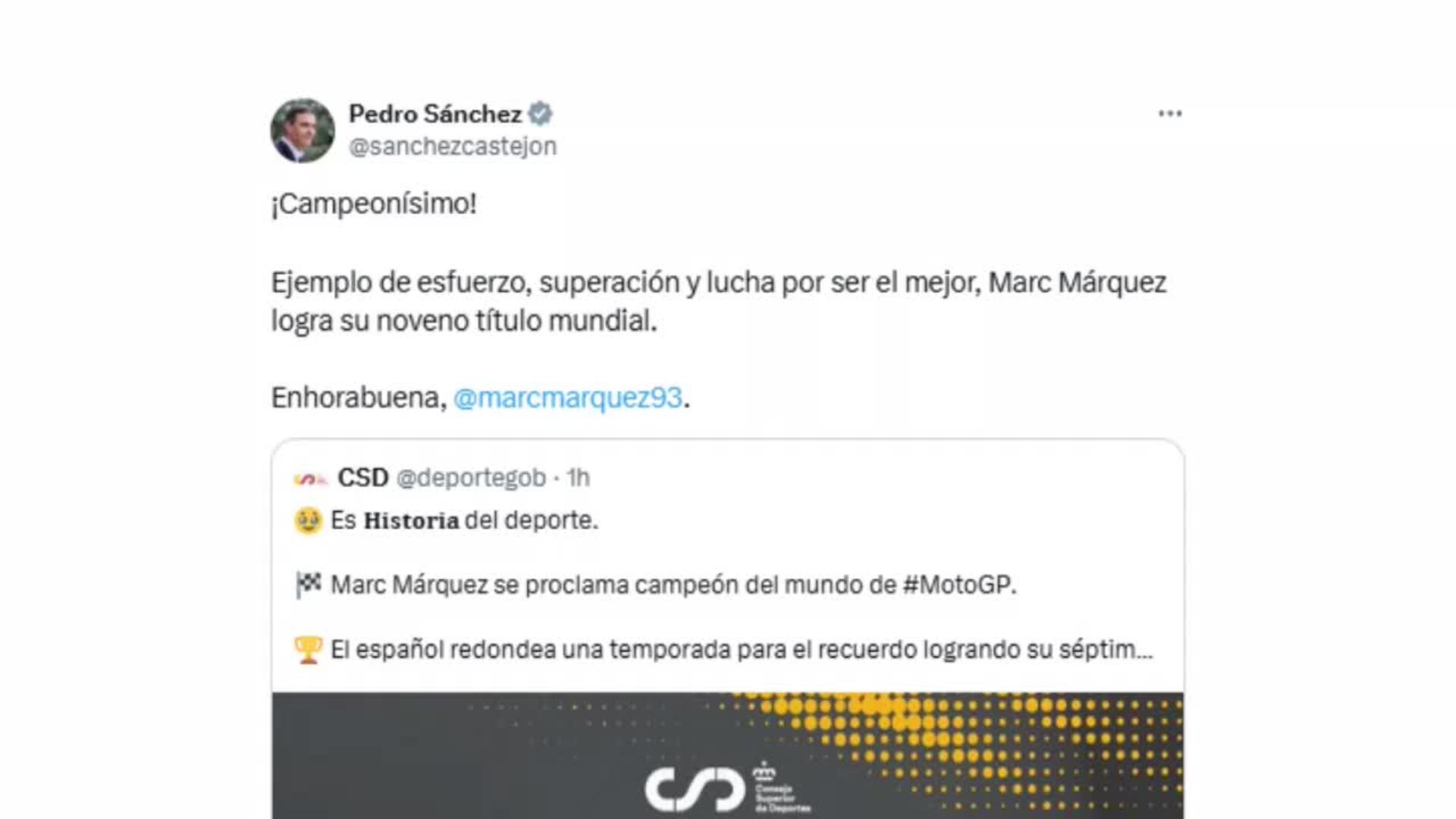 Pedro Sánchez pone a Márquez, campeón del mundo de MotoGP, como ejemplo de &quot;superación&quot;