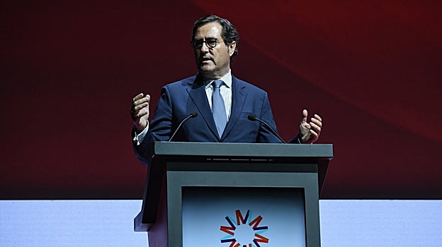 El presidente de la CEOE, Antonio Garamendi interviene durante la inauguración de la II edición de Madrid Leaders Forum