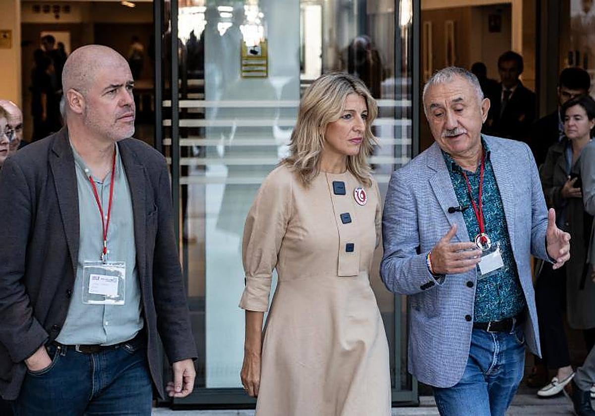 Unai Sordo, Yolanda Díaz y Pepe Álvarez