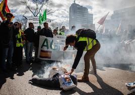 Agricultores queman muñecos con la cara de Sánchez y Planas durante las protestas en Madrid