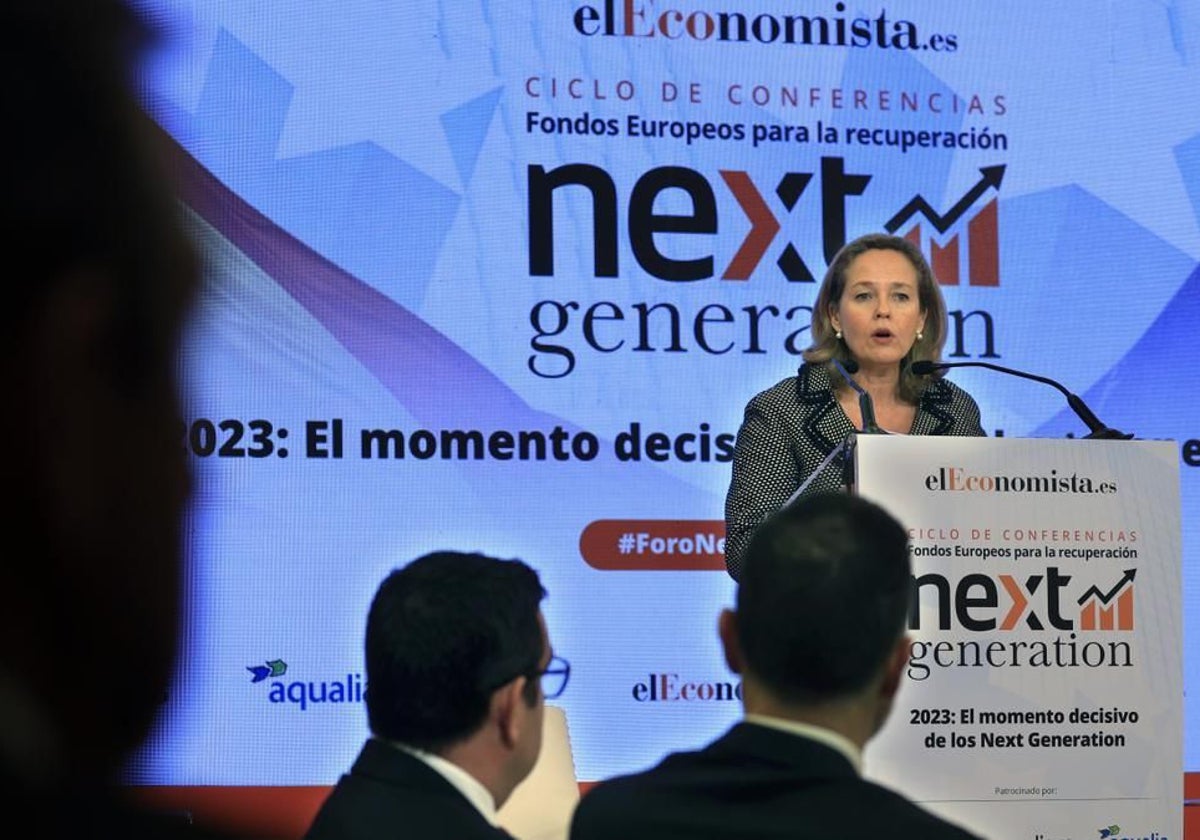 La ex vicepresidenta del Gobierno, Nadia Calviño, en una jornada sobre los fondos Next Generation