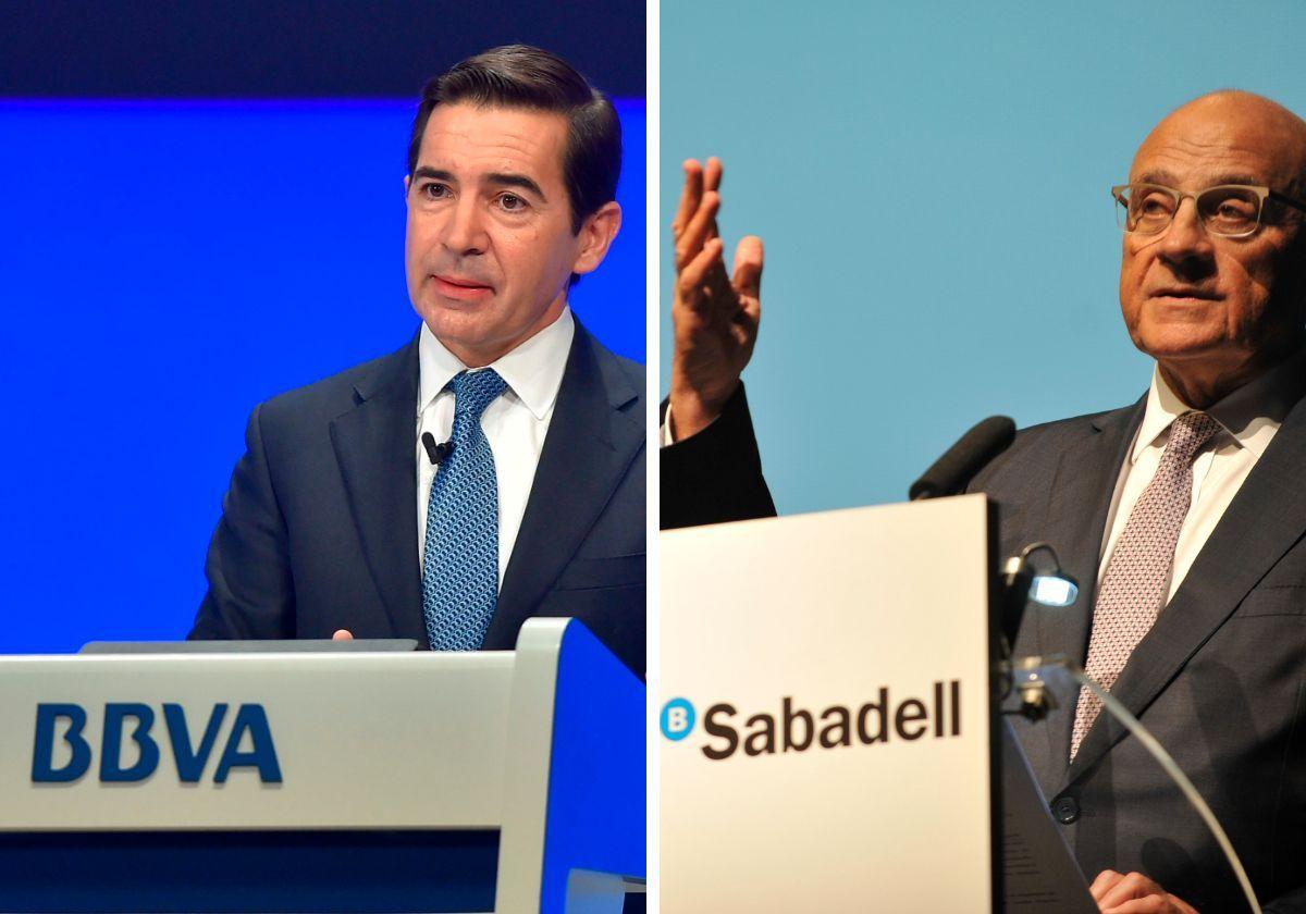 El presidente de BBVA, Carlos Torres (izq), y el presidente de Sabadell, Josep Oliu (drch)