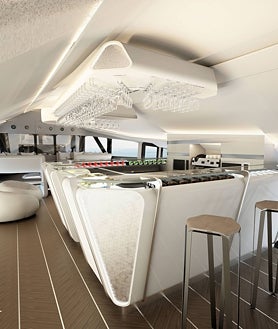 Imagen secundaria 2 - Airlander 10 en un vuelo de prueba sobre tierras de Escocia. Las otras dos imágenes son recreaciones de lo que será su interior