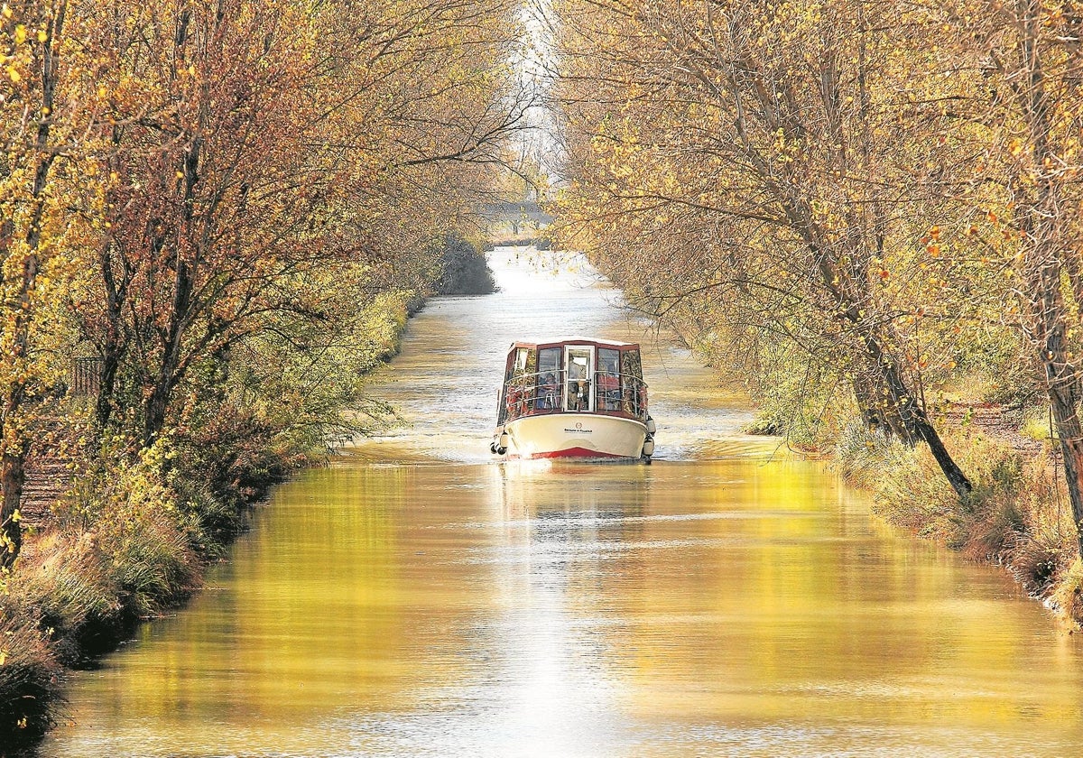 Una embarcación surca las aguas del Canal de Castilla.