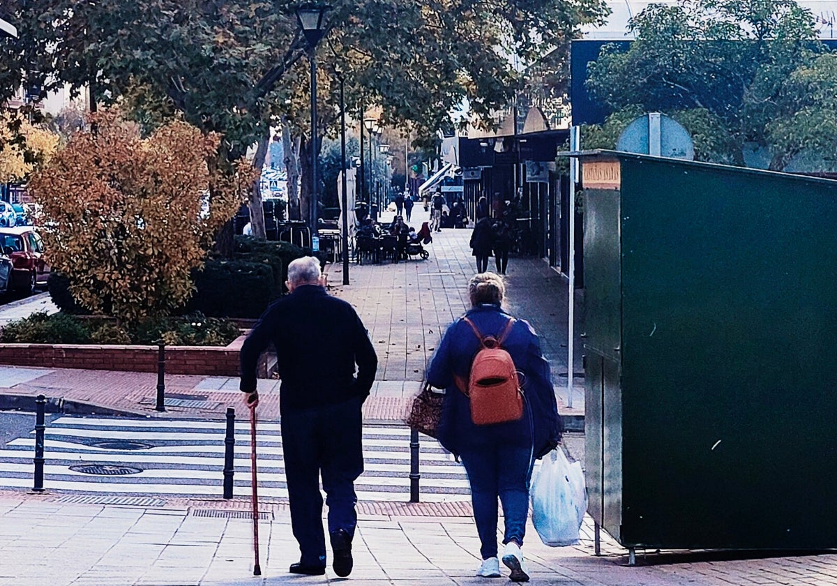 Dos personas caminan por una calle comercial (Madrid)