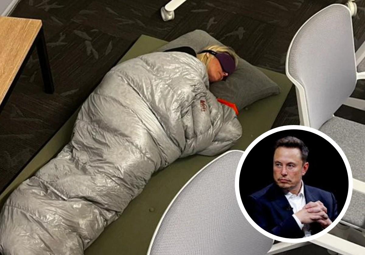 Esther Crawford, extrabajadora de Tiwitter dumiendo en las oficinas, y en la imagen pequeña el magnate Elon Musk