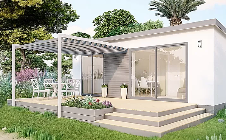 Imagen principal - La moderna casa prefabricada que puedes comprar por menos de 50.000 euros: incluye muebles y electrodomésticos