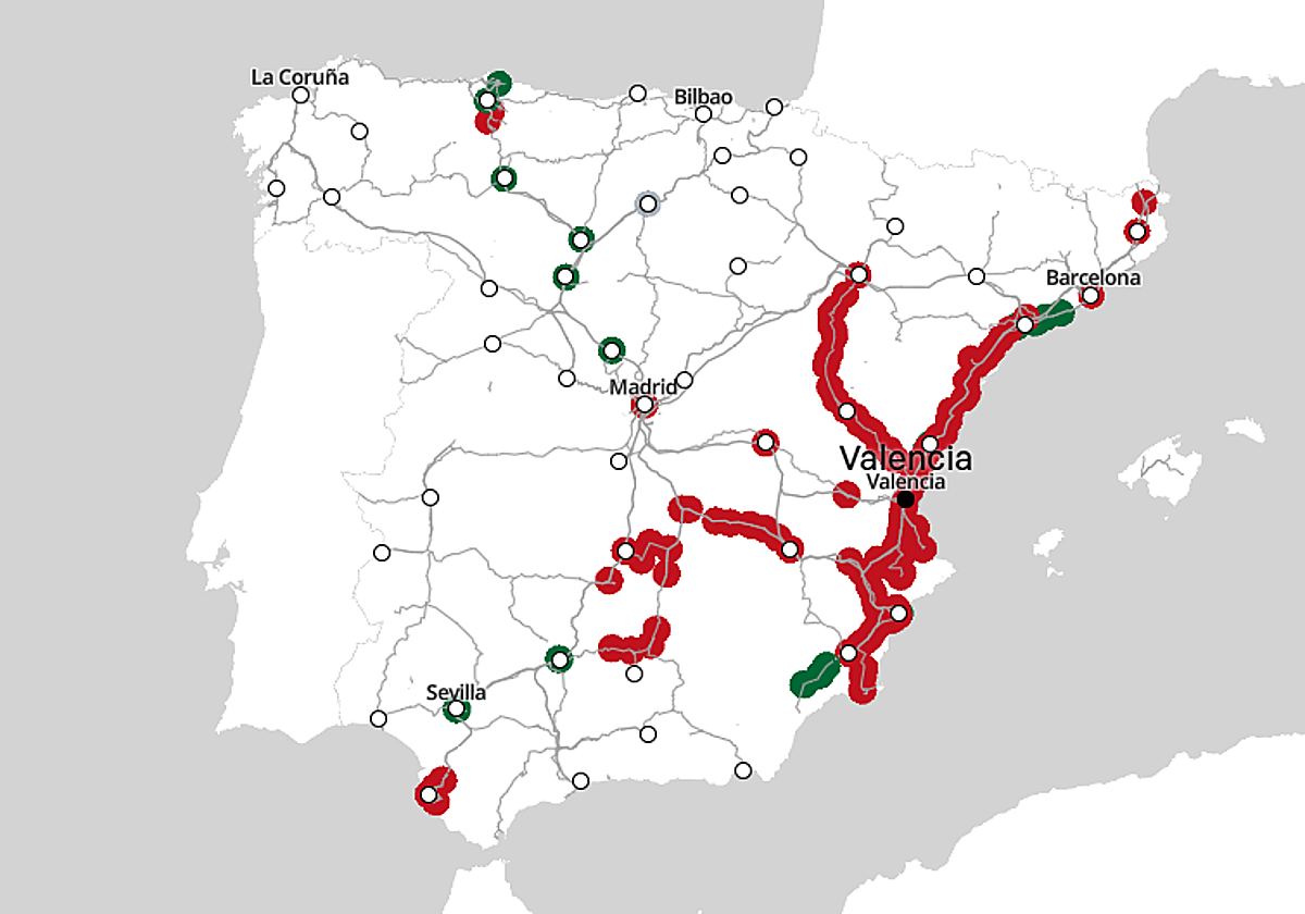 Variación de los tiempos de viaje en tren desde Valencia entre 2025 y 2023