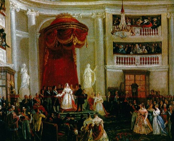 Isabel II, cabeza del Estado, jura la Constitución de 1837 tras ser declarada mayor de edad. Óleo de José Castelaro (1844). Museo de Historia de Madrid