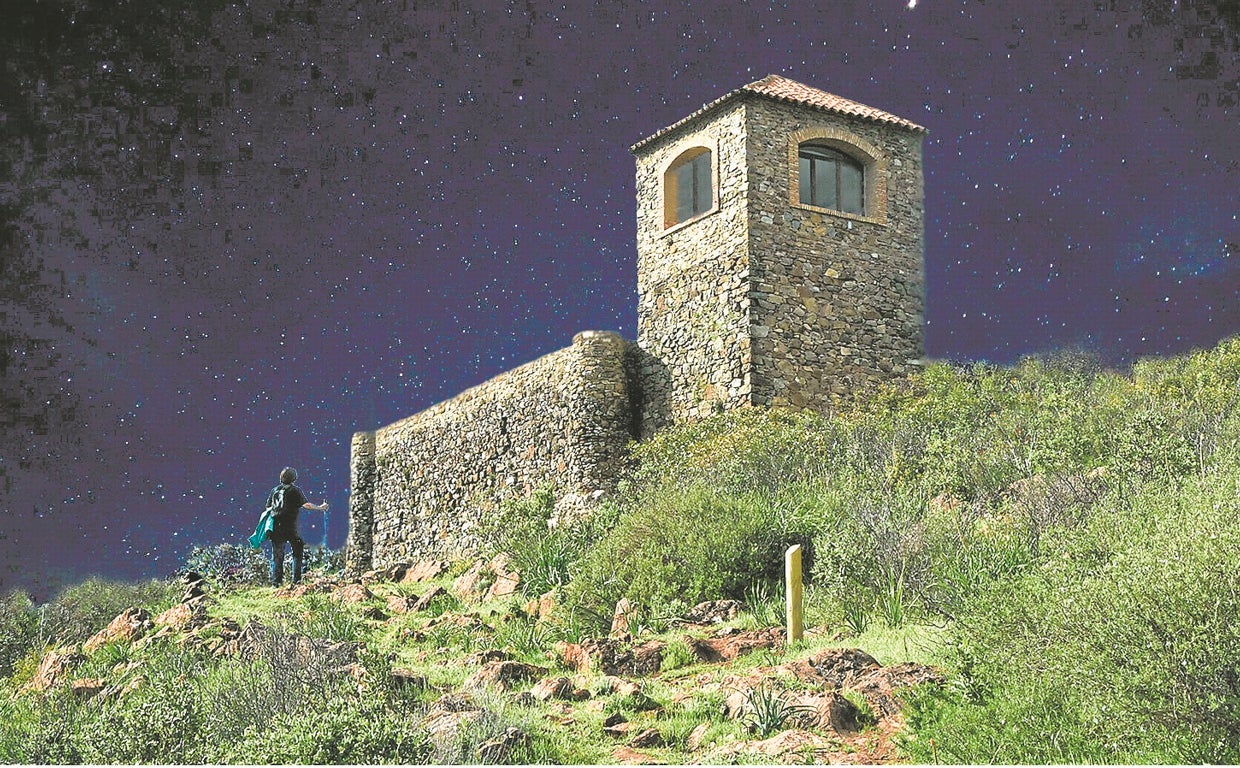 Ruta circular señalizada en la sierra de Santa Bárbara, así como de los bancos y el panel con información astronómica que se han instalado en el enclave, para la observación nocturna del firmamento