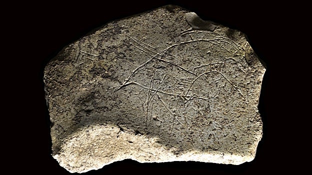 Imagen antes - A la izquierda, la roca grabada que apareció en la Cova Gran. A la derecha, los ejemplares de bucardos grabados sobre piedra hace 14.000 años