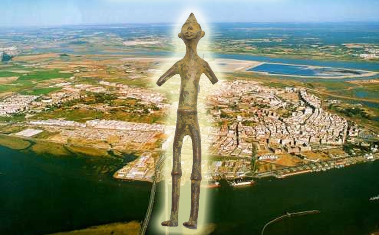 Figura del dios Baal sobre imagen aérea de Huelva