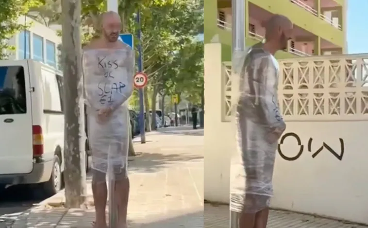 Atado desnudo a una señal de la calle y envuelto en papel film: la insólita imagen de un turista en Benidorm