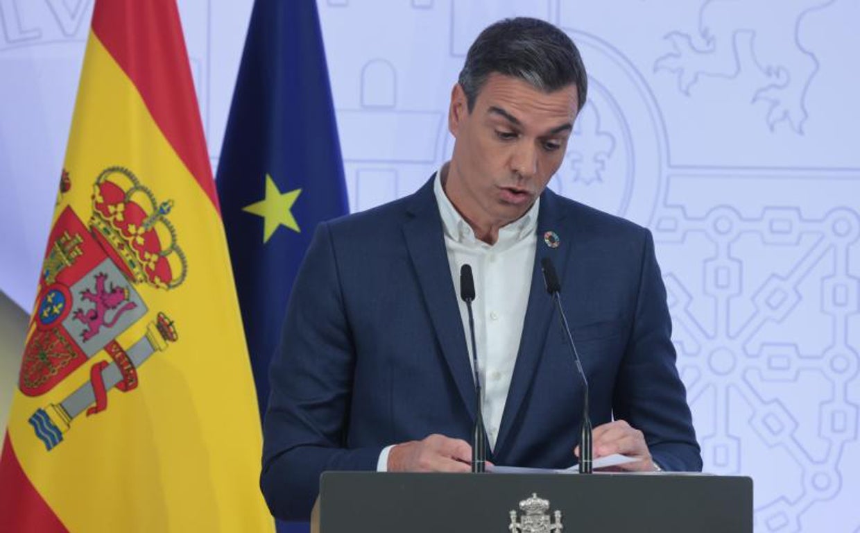 El presidente del Gobierno, Pedro Sánchez, en una comparecencia en el Palacio de la Moncloa