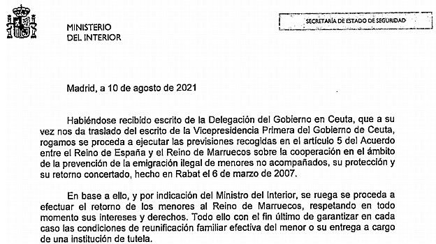 La primera comunicación de la Secretaría de Estado a la Delegación del Gobierno
