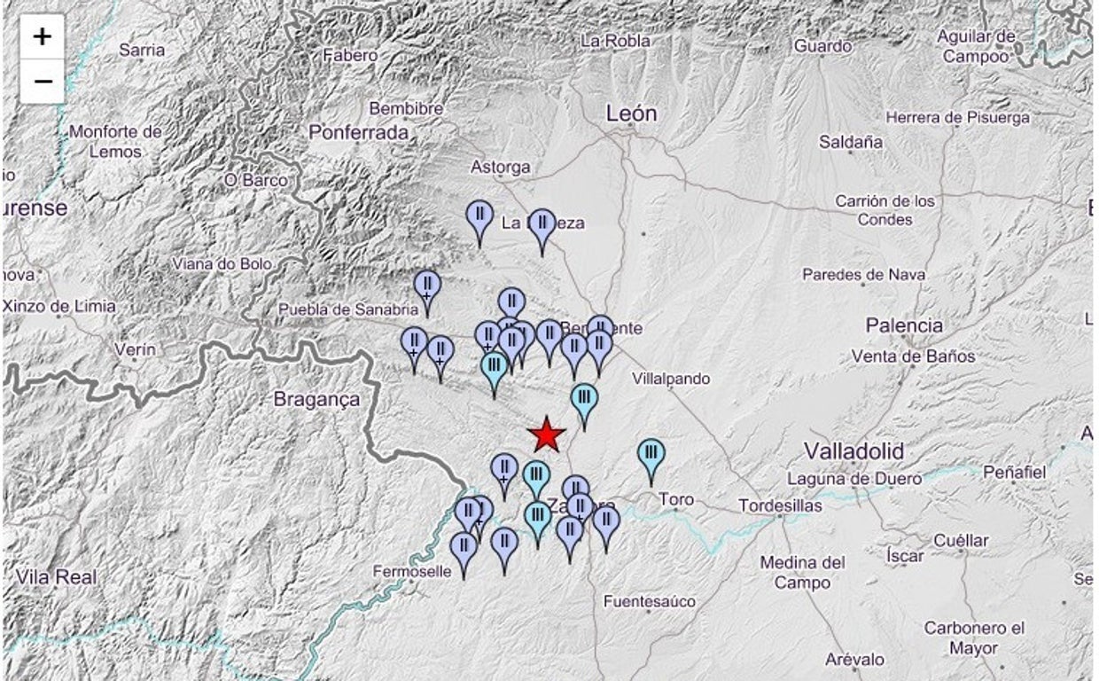 Mapa que señaliza las localidades de Zamora y León donde se ha dejado sentir el terremoto de esta madrugada
