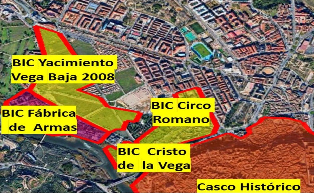 Ámbito territorial del Convenio Marco Vega Baja: BIC Circo Romano, BIC Cristo de la Vega y BIC Ampliación Yacimiento Arqueológico Vega Baja. Fuente: A. Zárate sobre Google Earth.
