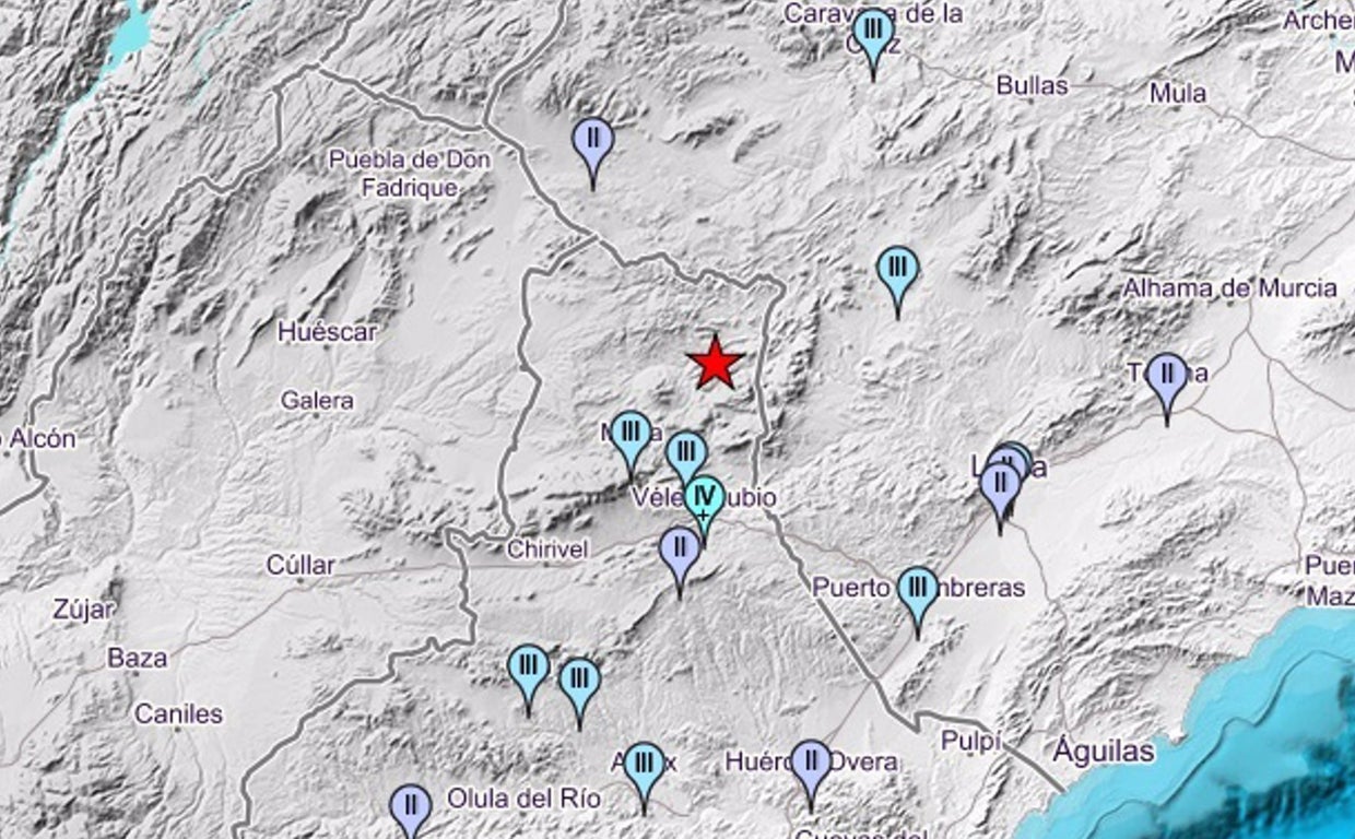 Intensidades del terremoto de este viernes en Vélez-Rubio, según la escala de Mercalli.