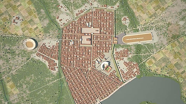 Plano de la Córdoba romana con el anfiteatro a la izquierda, en Occidente, fuera de las murallas. También se aprecian el circo extramuros hacia el este y el teatro en el interior de la ciudad