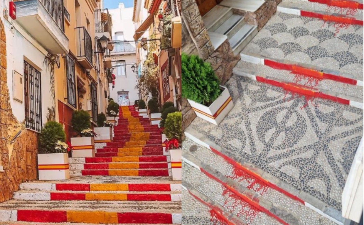 Antes y después de la calle con la bandera de España (Alicante)