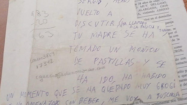 La  nota manuscrita que dejó Jesús al hijo de Juana el día del crimen