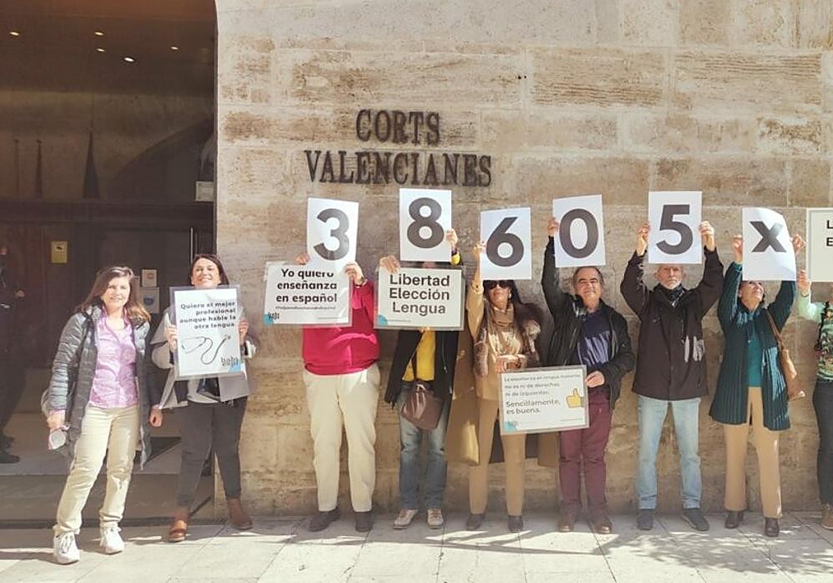 Miembros de Hablamos Español en una acción de protesta frente a las Cortes Valencianas
