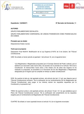 Imagen - Fragmento de las dos enmiendas presentadas por PSOE y Unidas Podemos. En concreto, se trata de la redacción que pone punto y final a la renovación por tercios