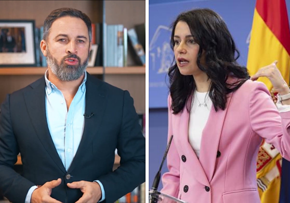 El líder de Vox, Santiago Abascal, mientras ofrecía una declaración institucional este viernes por la mañana desde su despacho; y a la derecha, la presidenta de Cs, Inés Arrimadas