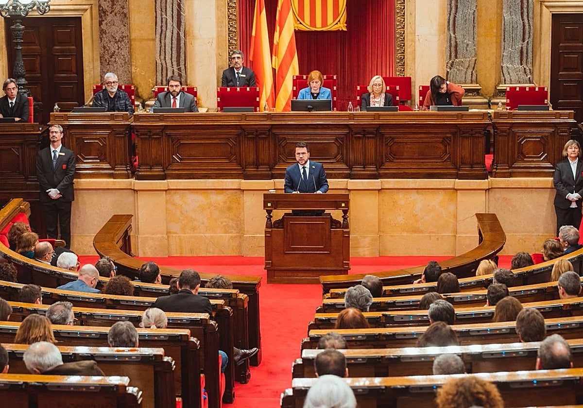 Pere Aragonès, presidente de la Generalitat, durante su intervención en el pleno, ayer