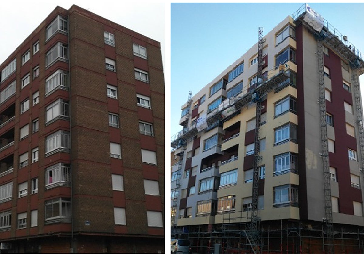 Antes y después de una actuación sobre un bloque de viviendas en León