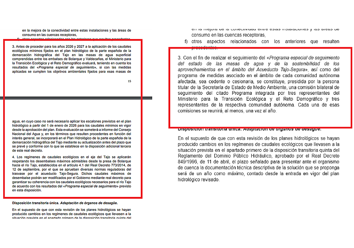 A la izquierda, el documento proporcionado a los regantes y a la derecha el que finalmente se votó en el Consejo Nacional del Agua, con la disposición eliminada y sustituida.