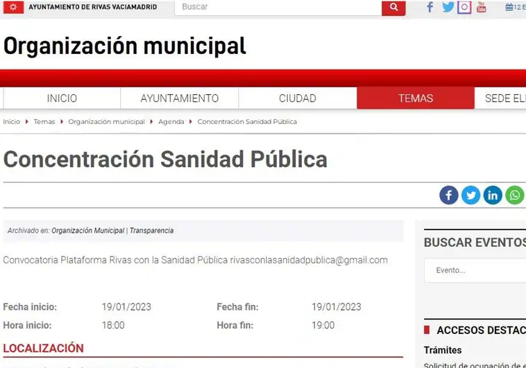 Rivas: el Ayuntamiento de IU utiliza la web para anunciar la protesta contra la gestión sanitaria de Ayuso